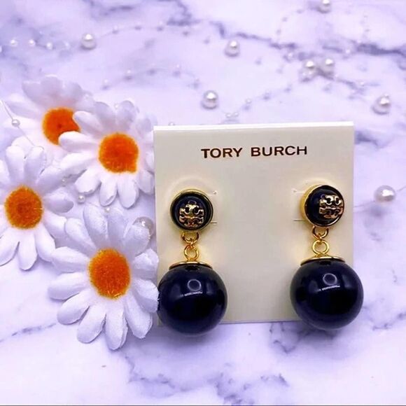NWOT Tory Burch Gold Logo, Black Enamel Ball Dangle Stud Earings - Picture 2 of 9